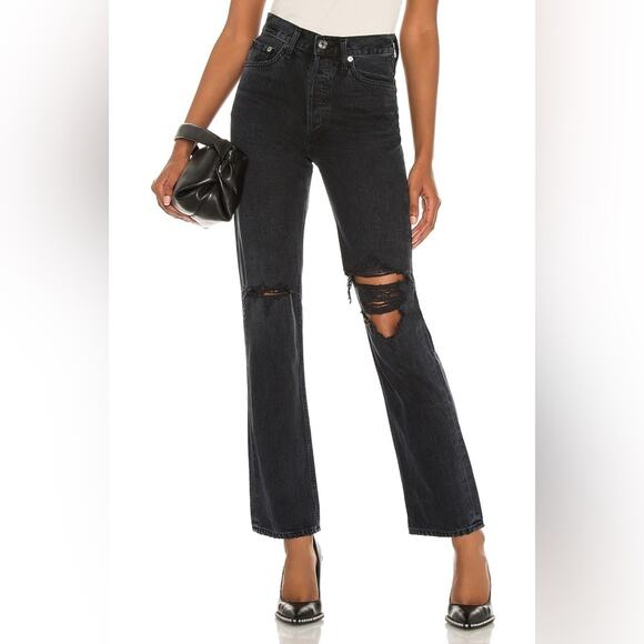 Agolde Lana Straight Leg Mid Rise Black Wash Denim Distressed Jeans Size 26 - Picture 1 of 8